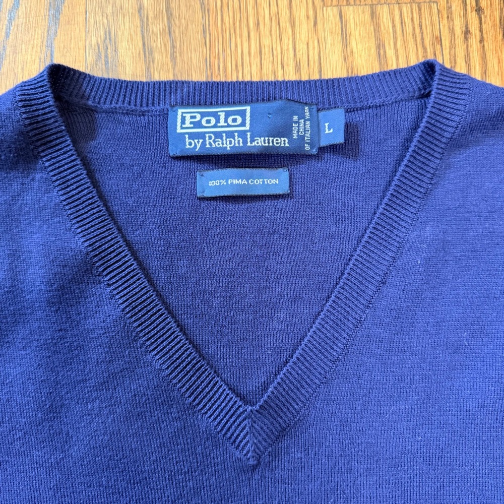 Polo Ralph Lauren Pima Cotton V-Neck Sweater Vest Large Navy Blue Preppy - Picture 4 of 7